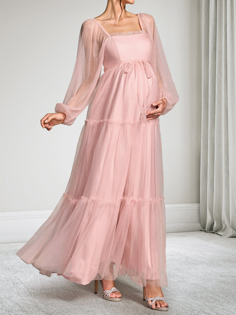 A-Line/Princess Square Neck Ankle-Length Long Sleeves Tulle Maternity Wedding Guest Dresses with Bowknot