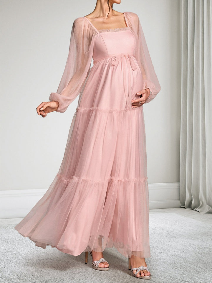 A-Line/Princess Square Neck Ankle-Length Long Sleeves Tulle Maternity Wedding Guest Dresses with Bowknot