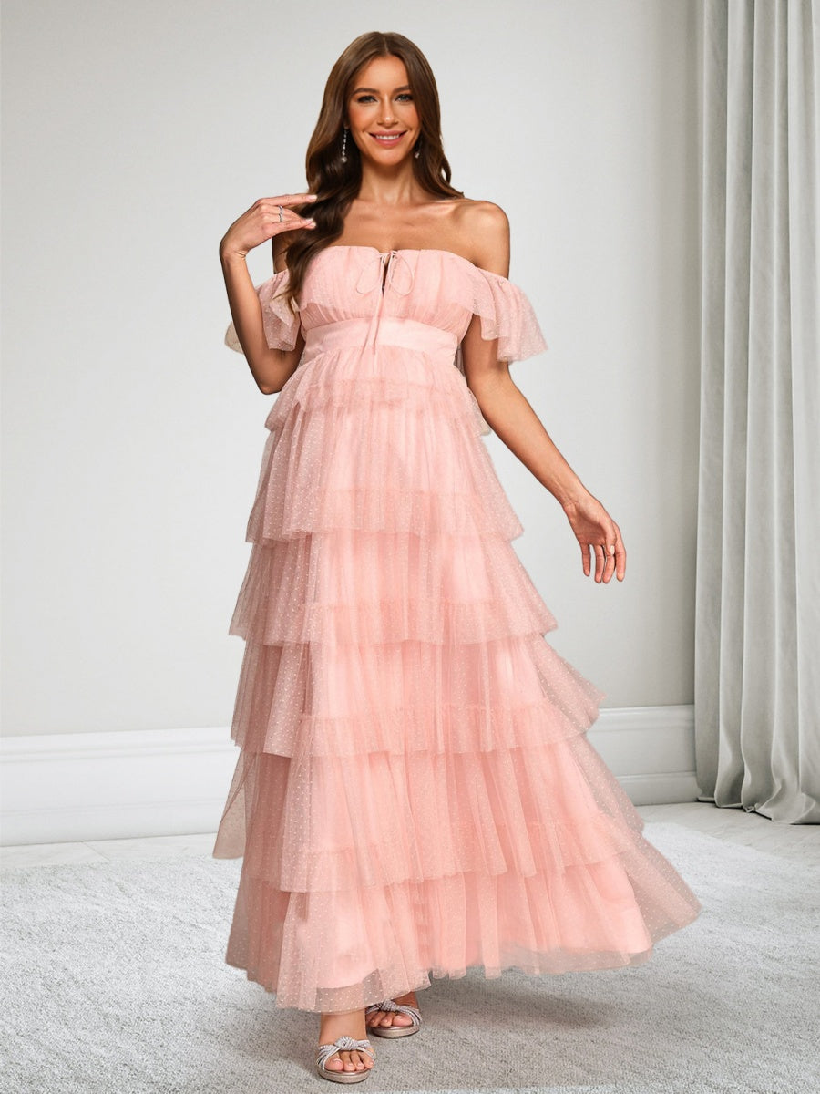 A-Line/Princess Off-the-Shoulder Ankle-Length Tulle Baby Shower Wedding Guest Dresses with Tiered Ruffles