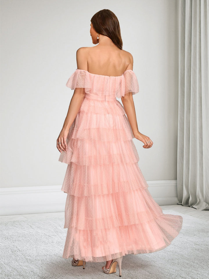 A-Line/Princess Off-the-Shoulder Ankle-Length Tulle Maternity Wedding Guest Dresses with Tiered Ruffles