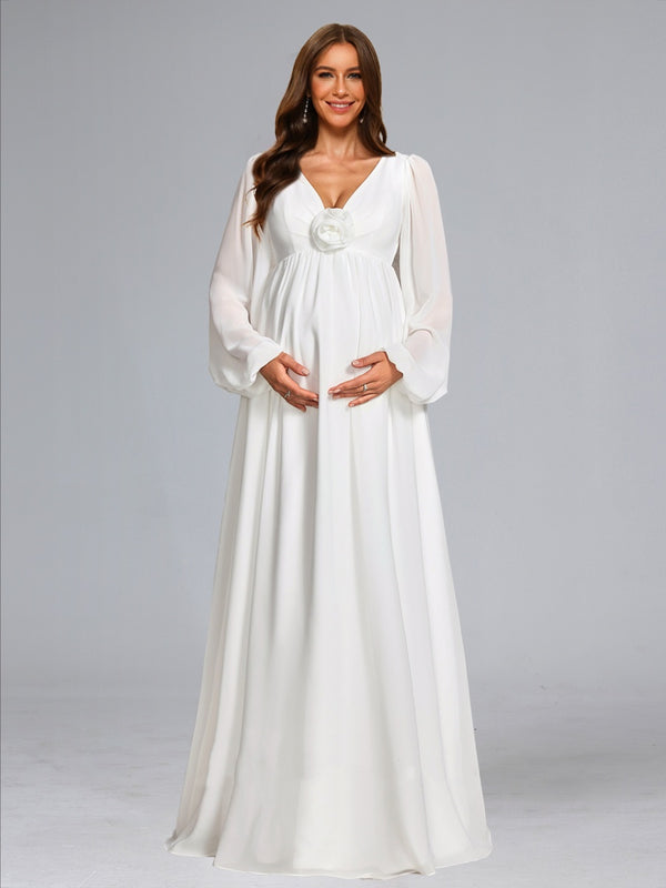 A-Line/Princess V-Neck Long Sleeves Floor-Length Chiffon Baby Shower Wedding Guest Dresses with 3D Floral