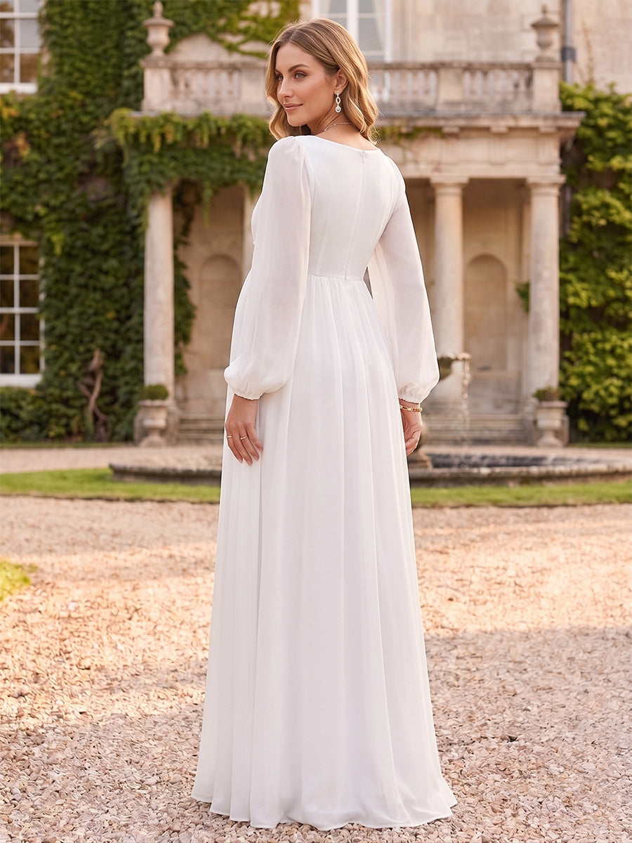 Elegant Ivory A-Line/Princess V-Neck Long Sleeves Floor-Length Chiffon Maternity Dress Wedding Guest Dresses with 3D Floral 2026