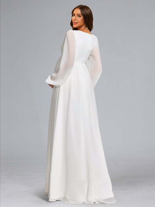 A-Line/Princess V-Neck Long Sleeves Floor-Length Chiffon Baby Shower Wedding Guest Dresses with 3D Floral