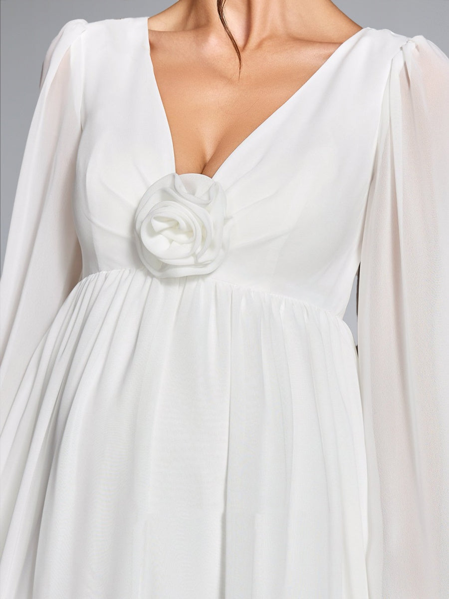 A-Line/Princess V-Neck Long Sleeves Floor-Length Chiffon Maternity Wedding Dresses with 3D Floral