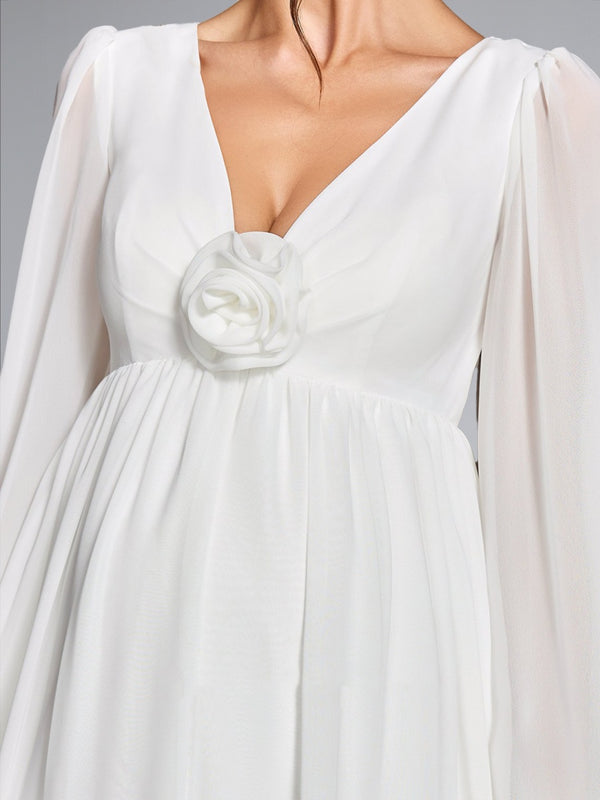 A-Line/Princess V-Neck Long Sleeves Floor-Length Chiffon Baby Shower Wedding Guest Dresses with 3D Floral