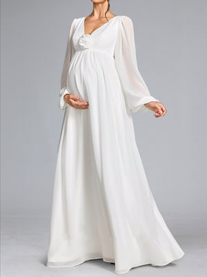 A-Line/Princess V-Neck Long Sleeves Floor-Length Chiffon Baby Shower Wedding Guest Dresses with 3D Floral