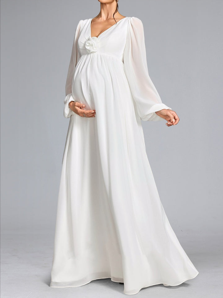 A-Line/Princess V-Neck Long Sleeves Floor-Length Chiffon Maternity Wedding Dresses with 3D Floral