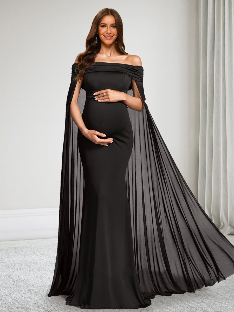 Trumpet/Mermaid Off-the-Shoulder Floor-Length Chiffon Baby Shower Wedding Guest Dresses with Cape
