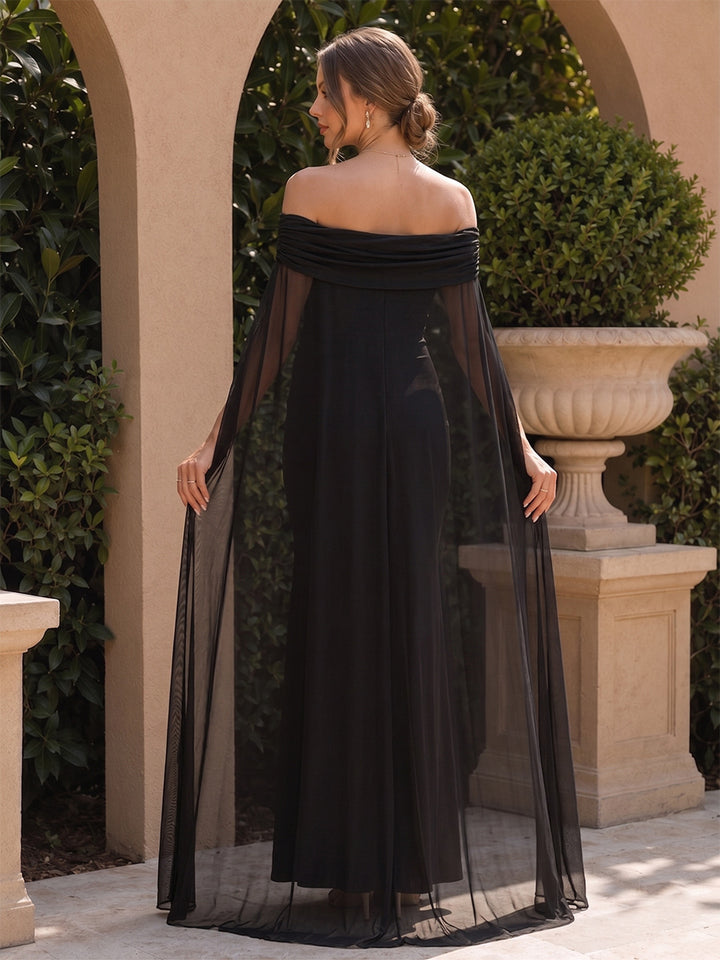 Trumpet/Mermaid Off-the-Shoulder Floor-Length Chiffon Maternity Wedding Guest Dresses with Cape