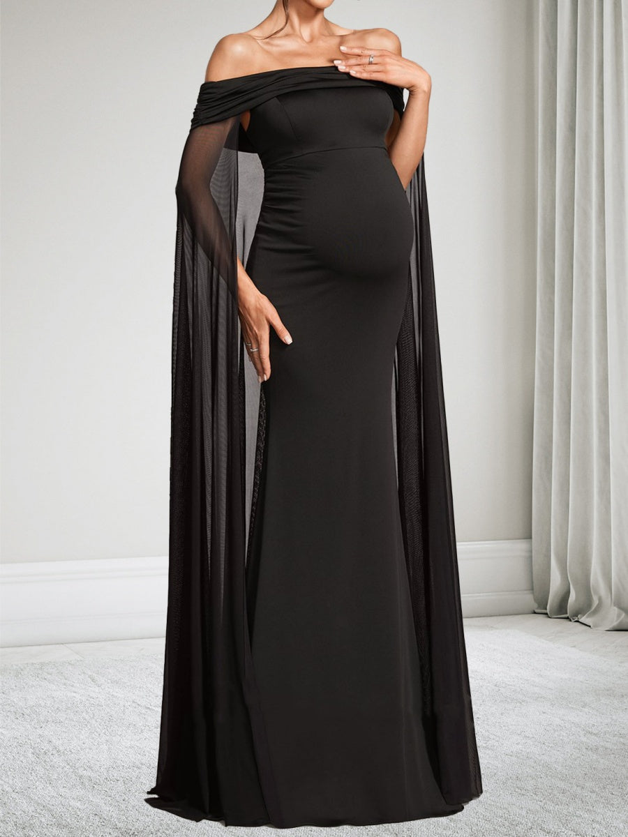 Trumpet/Mermaid Off-the-Shoulder Floor-Length Chiffon Maternity Wedding Guest Dresses with Cape