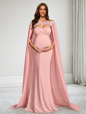 Trumpet/Mermaid Off-the-Shoulder Floor-Length Baby Shower Wedding Guest Dresses with Cape