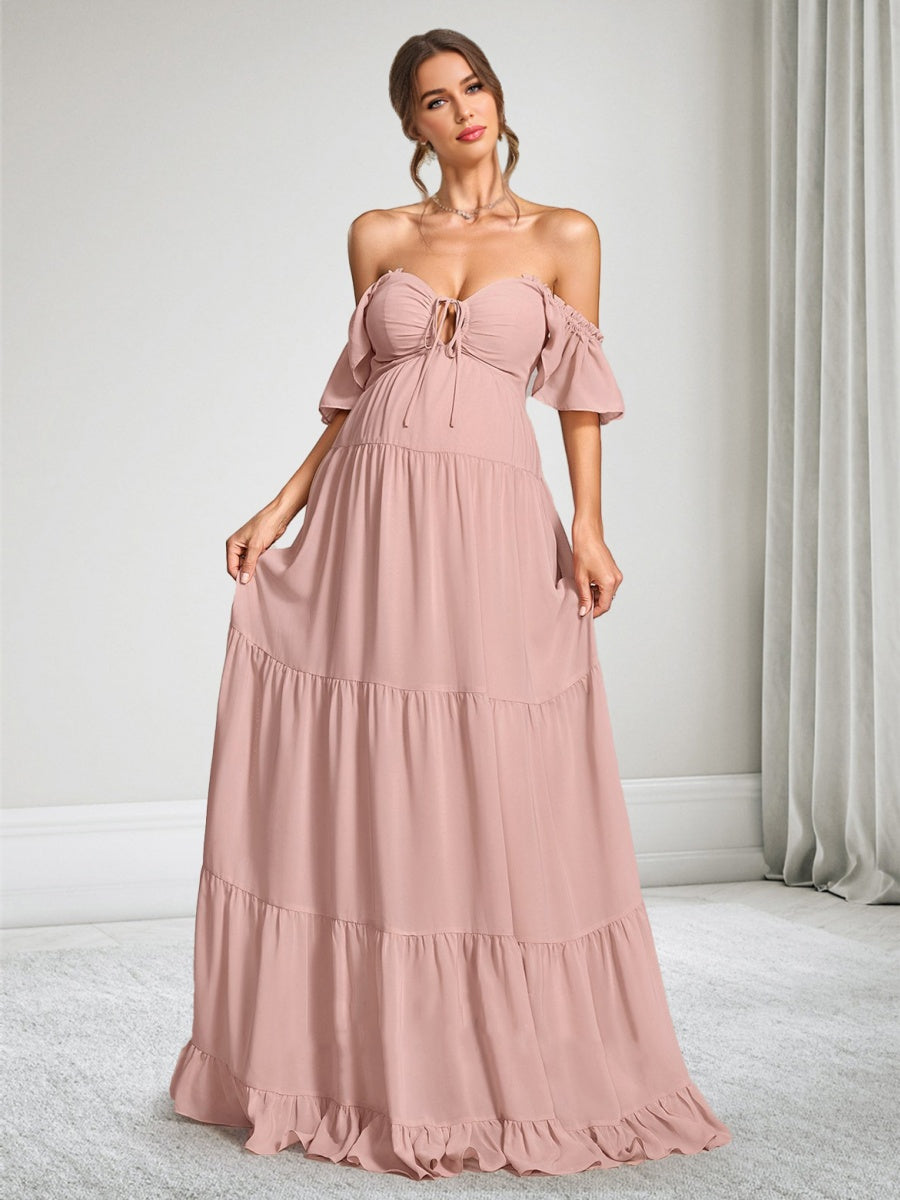 A-Line/Princess Off-the-Shoulder Short Sleeves Chiffon Floor-Length Maternity Wedding Guest Dresses with Ruffles
