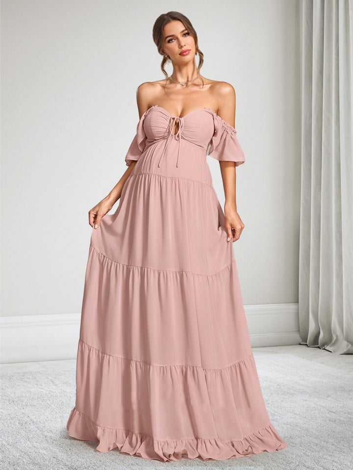 A-Line/Princess Off-the-Shoulder Short Sleeves Chiffon Floor-Length Maternity Wedding Guest Dresses with Ruffles