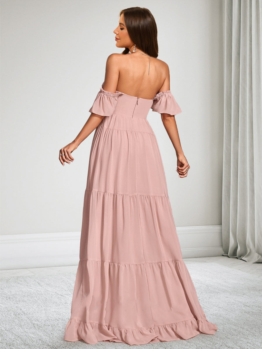 A-Line/Princess Off-the-Shoulder Short Sleeves Chiffon Floor-Length Baby Shower Wedding Guest Dresses with Ruffles