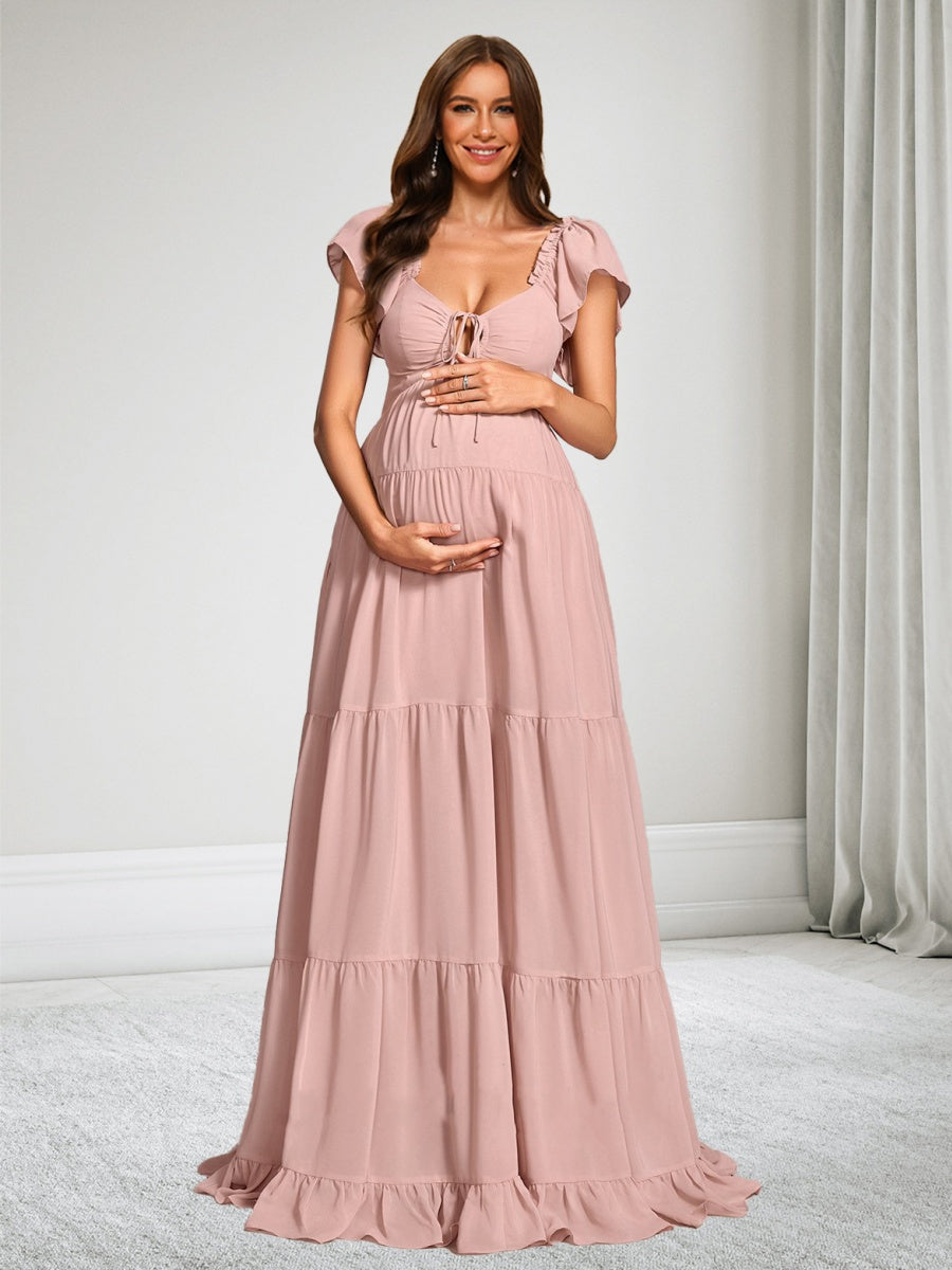 A-Line/Princess Off-the-Shoulder Short Sleeves Chiffon Floor-Length Maternity Wedding Guest Dresses with Ruffles