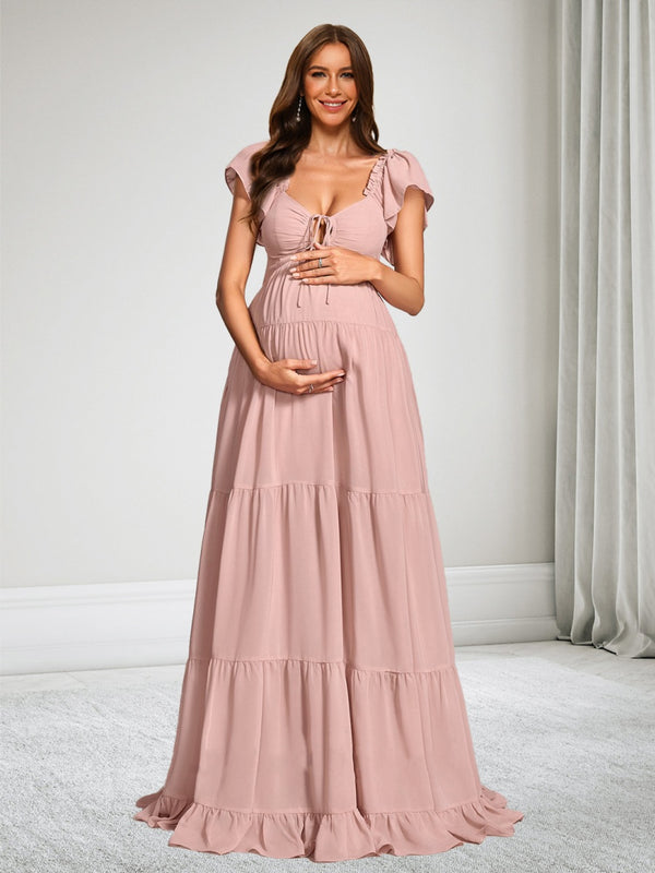 A-Line/Princess Off-the-Shoulder Short Sleeves Chiffon Floor-Length Baby Shower Wedding Guest Dresses with Ruffles