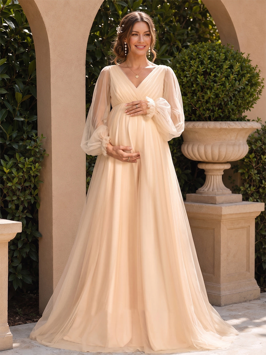 Elegant Gold A-Line/Princess V-Neck Long Sleeves Tulle Floor-Length Maternity Dress Wedding Guest Dresses with Ruched 2026
