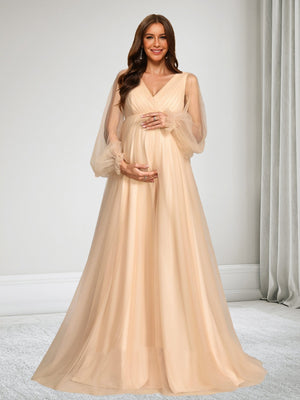 A-Line/Princess V-Neck Long Sleeves Tulle Floor-Length Baby Shower Wedding Guest Dresses with Ruched