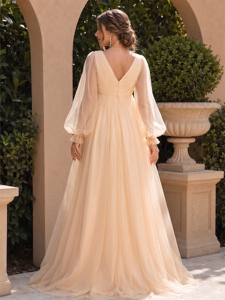A-Line/Princess V-Neck Long Sleeves Tulle Floor-Length Maternity Wedding Guest Dresses with Ruched