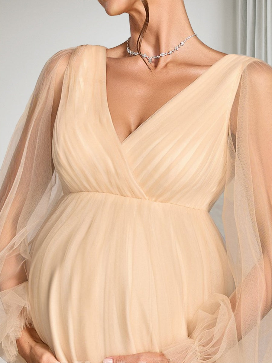 A-Line/Princess V-Neck Long Sleeves Tulle Floor-Length Maternity Wedding Guest Dresses with Ruched