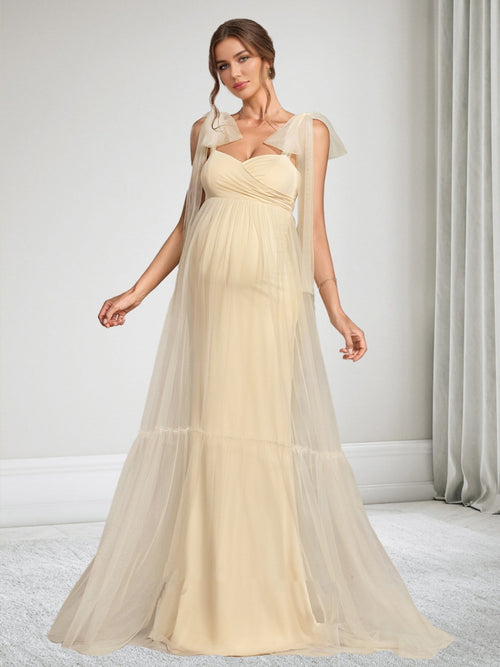 tulle maternity bridesmaid dress Pink Sleeveless Tiered Tie Strap Tulle Maternity Midi Dress PinkBlush