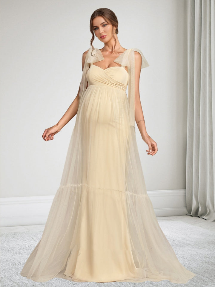 A-Line/Princess Sleeveless Tulle Floor-Length Maternity Wedding Guest Dresses with Bowknot