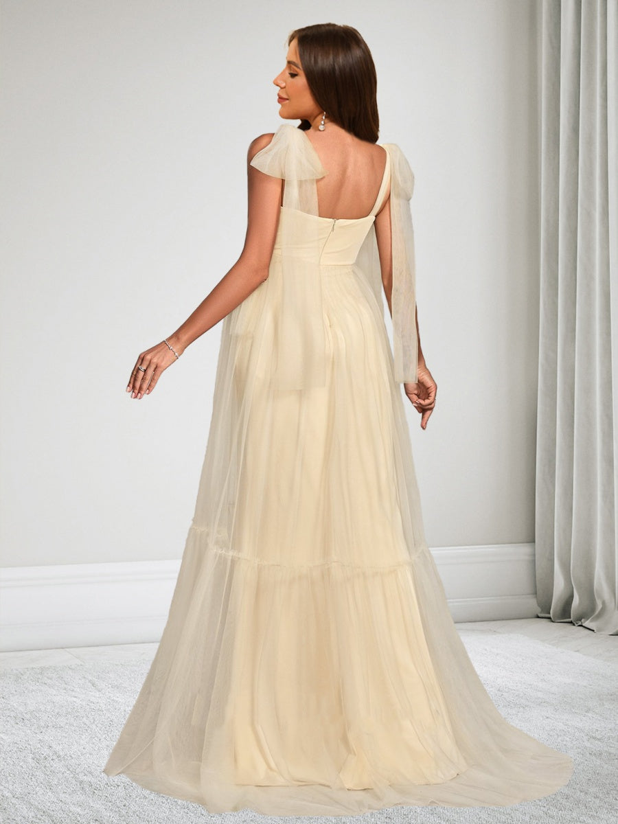 A-Line/Princess Sleeveless Tulle Floor-Length Maternity Wedding Guest Dresses with Bowknot