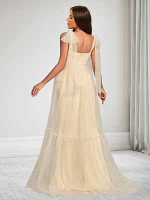 A-Line/Princess Sleeveless Tulle Floor-Length Baby Shower Wedding Guest Dresses with Bowknot