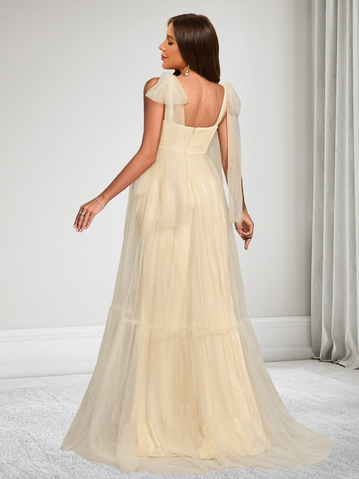 A-Line/Princess Sleeveless Tulle Floor-Length Maternity Wedding Guest Dresses with Bowknot