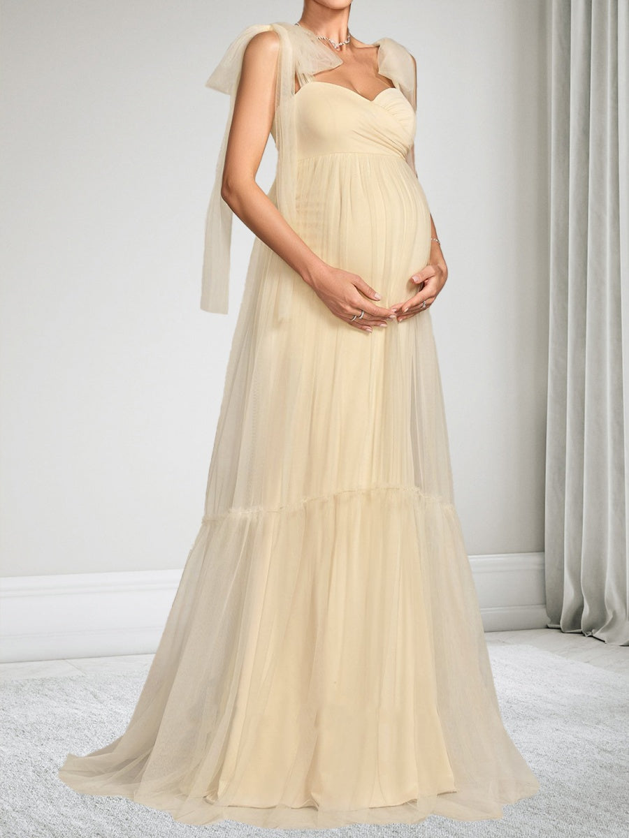 A-Line/Princess Sleeveless Tulle Floor-Length Maternity Wedding Guest Dresses with Bowknot