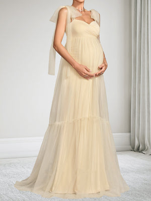 A-Line/Princess Sleeveless Tulle Floor-Length Baby Shower Wedding Guest Dresses with Bowknot