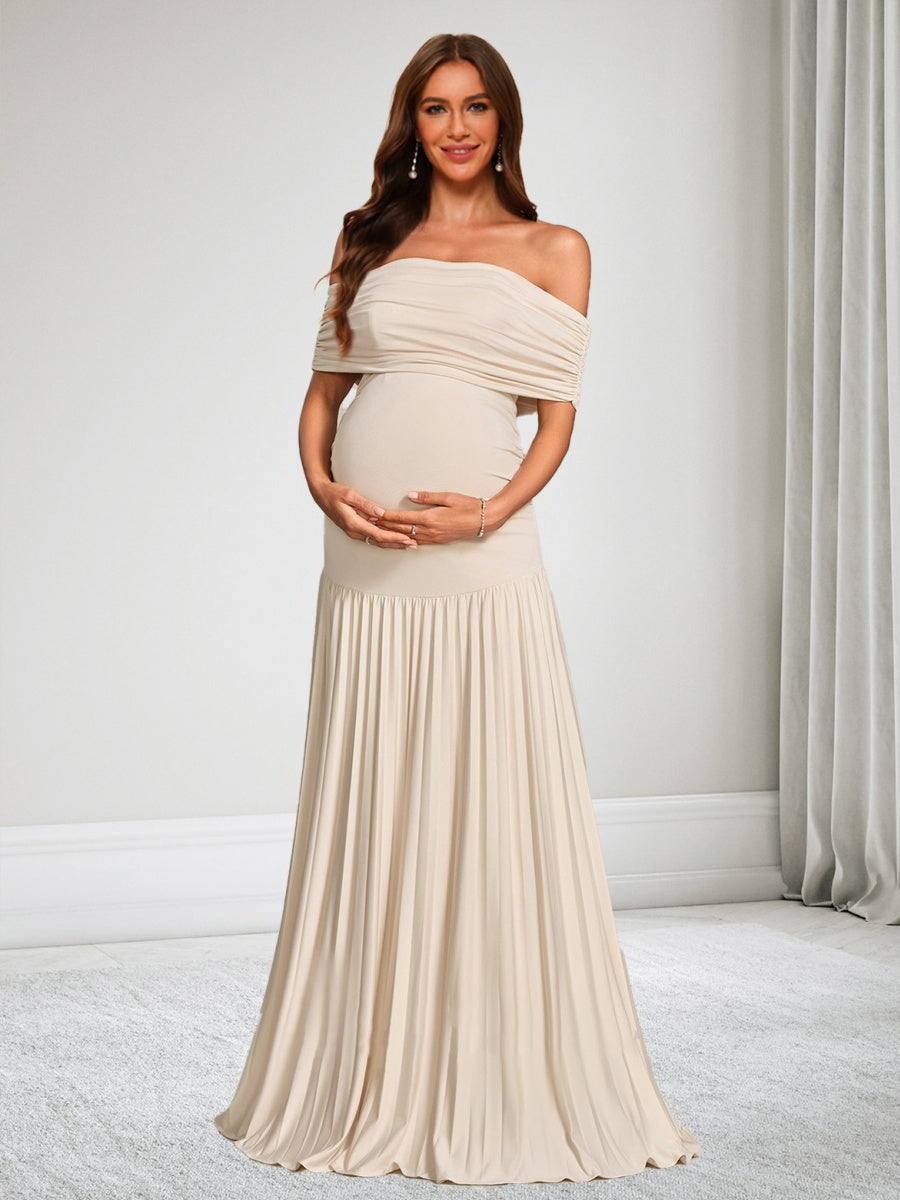 Sheath/Cloumn Off-the-Shoulder Sleeveless Floor-Length Maternity Wedding Guest Dresses with Pleated