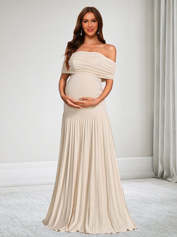Sheath/Cloumn Off-the-Shoulder Sleeveless Floor-Length Maternity Wedding Guest Dresses with Pleated