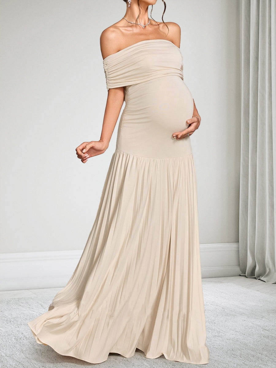 Sheath/Cloumn Off-the-Shoulder Sleeveless Floor-Length Maternity Wedding Guest Dresses with Pleated