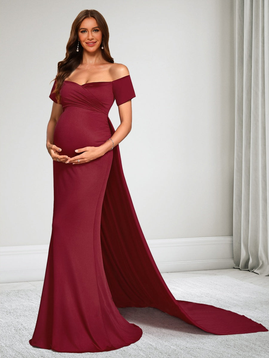 Sheath/Cloumn Off-the-Shoulder Short Sleeves Floor-Length Baby Shower Wedding Guest Dresses with Waist Cape