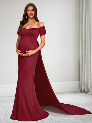 Sheath/Cloumn Off-the-Shoulder Short Sleeves Floor-Length Baby Shower Wedding Guest Dresses with Waist Cape