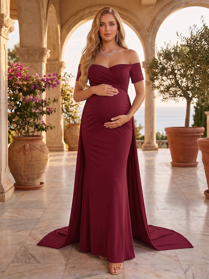 Sheath/Cloumn Off-the-Shoulder Short Sleeves Floor-Length Maternity Wedding Guest Dresses with Waist Cape