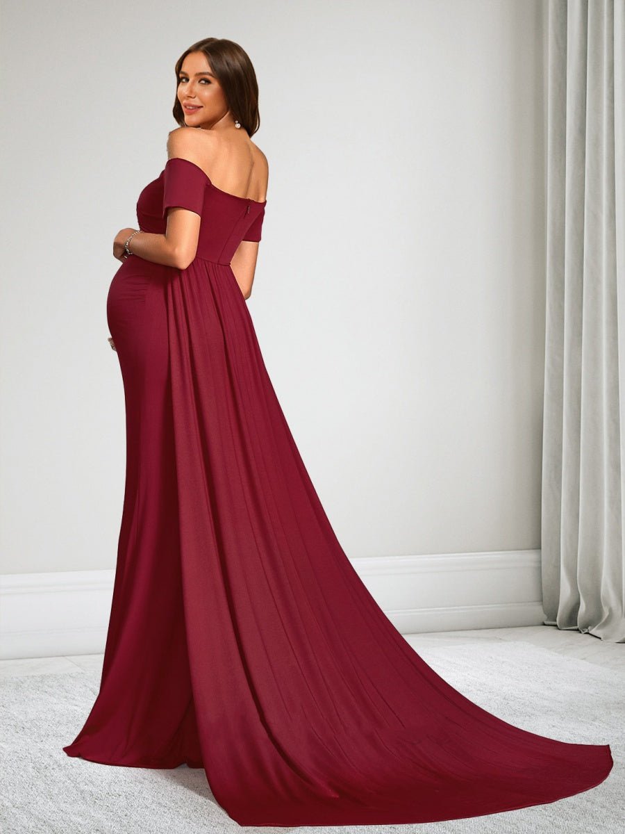 Sheath/Cloumn Off-the-Shoulder Short Sleeves Floor-Length Baby Shower Wedding Guest Dresses with Waist Cape