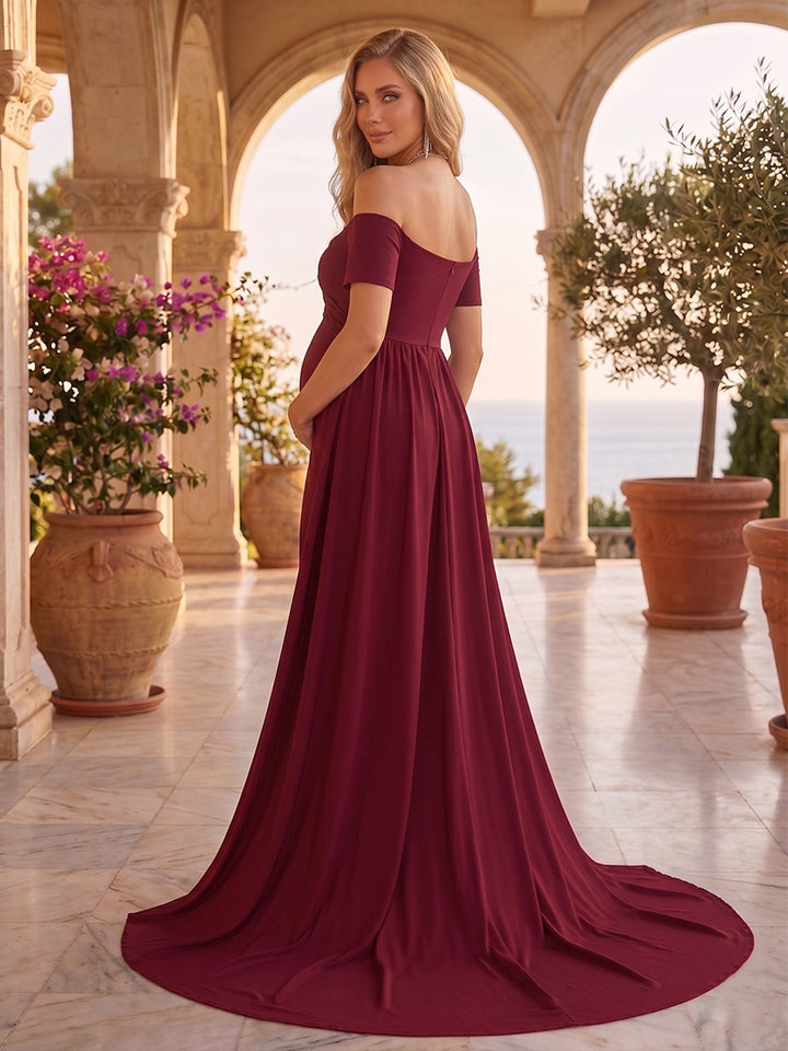 Sheath/Cloumn Off-the-Shoulder Short Sleeves Floor-Length Maternity Wedding Guest Dresses with Waist Cape