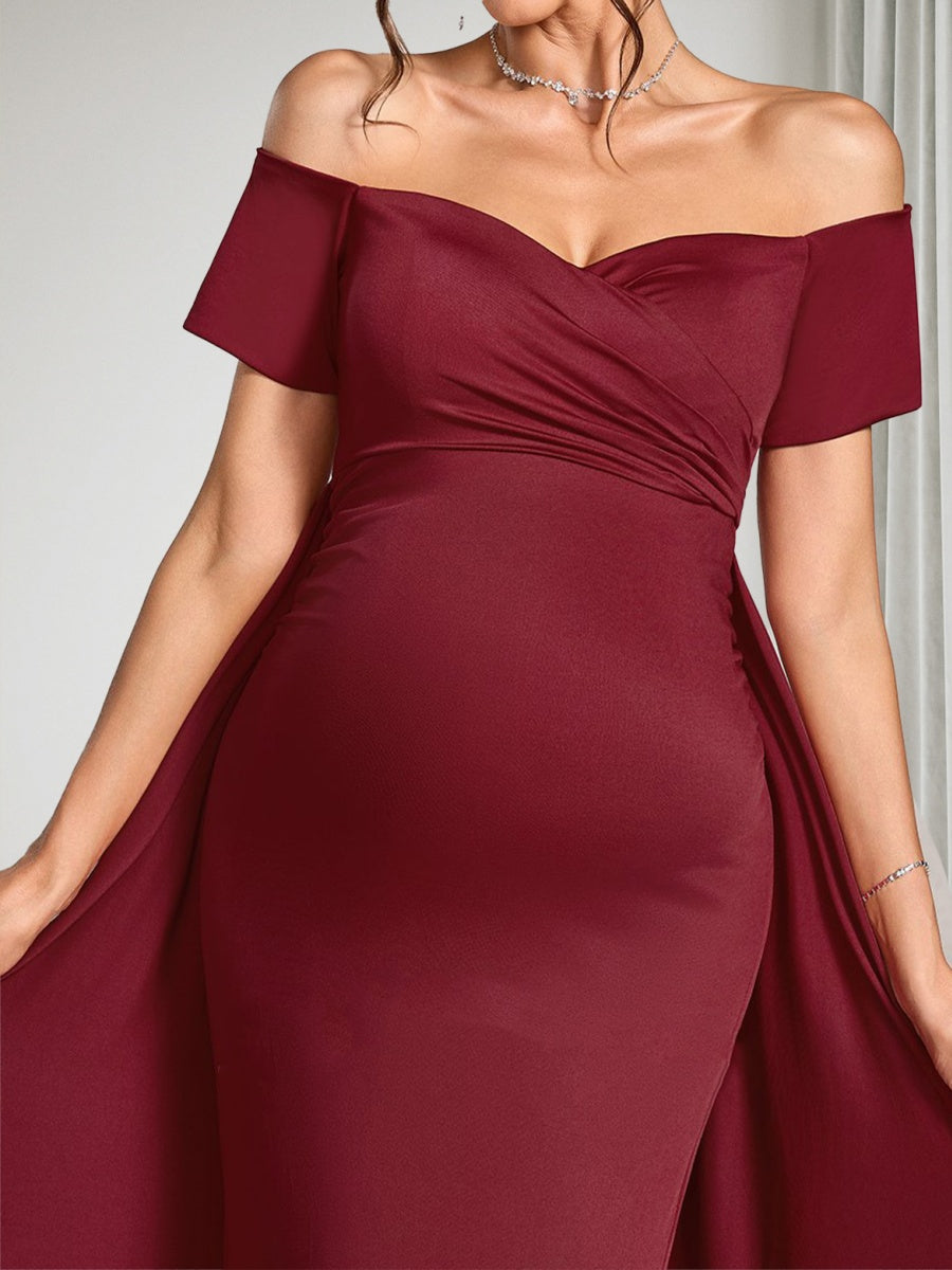 Sheath/Cloumn Off-the-Shoulder Short Sleeves Floor-Length Maternity Wedding Guest Dresses with Waist Cape