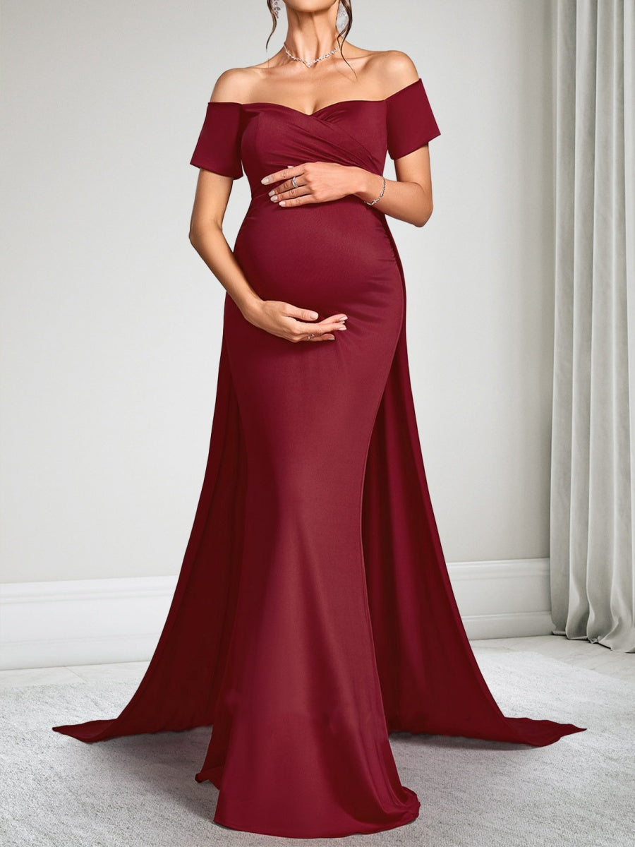 Sheath/Cloumn Off-the-Shoulder Short Sleeves Floor-Length Maternity Wedding Guest Dresses with Waist Cape