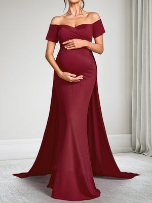 Sheath/Cloumn Off-the-Shoulder Short Sleeves Floor-Length Baby Shower Wedding Guest Dresses with Waist Cape