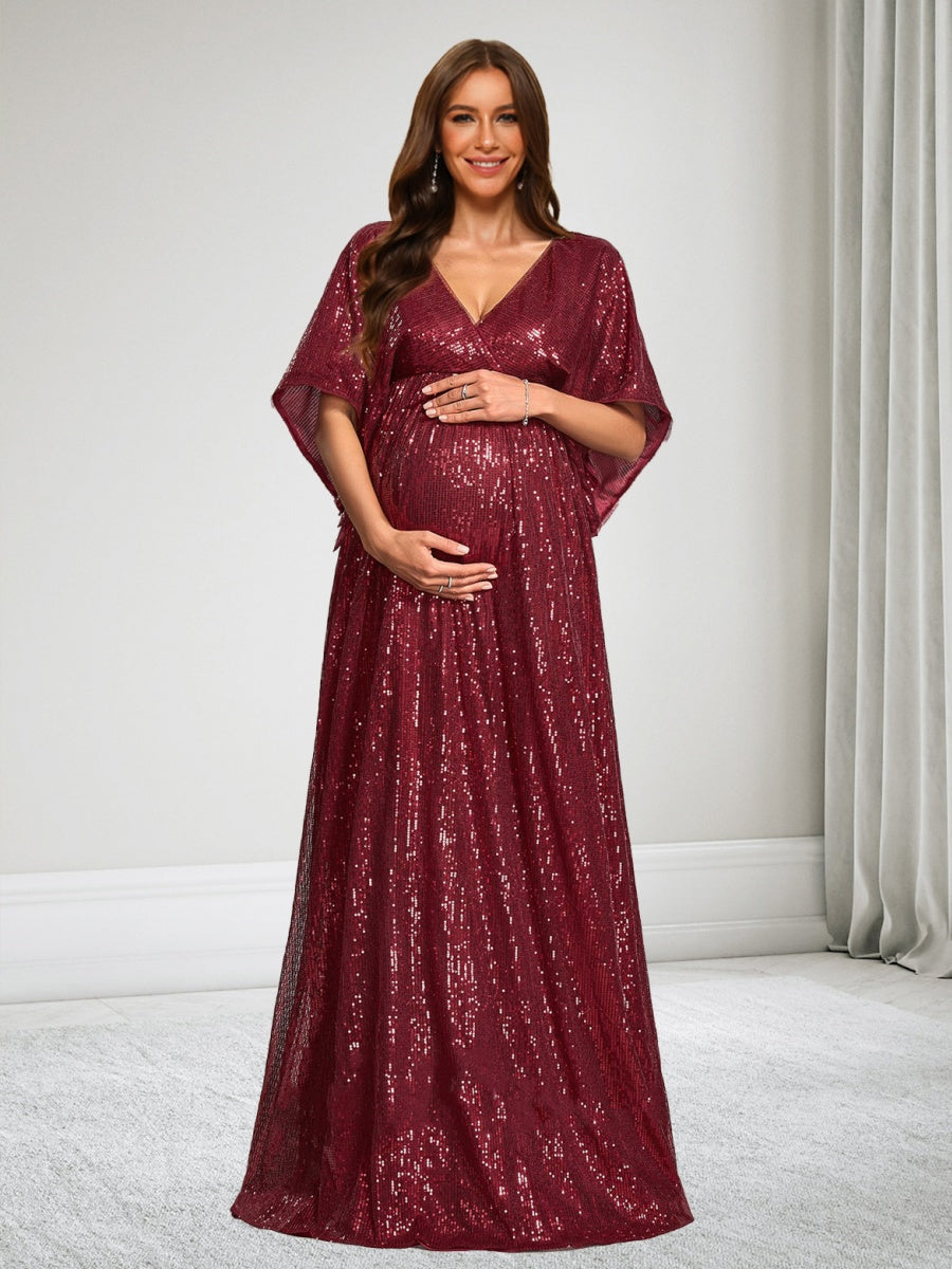 A-Line/Princess V-Neck Short Sleeves Sequin Floor-Length Baby Shower Wedding Guest Dresses with Side Slit