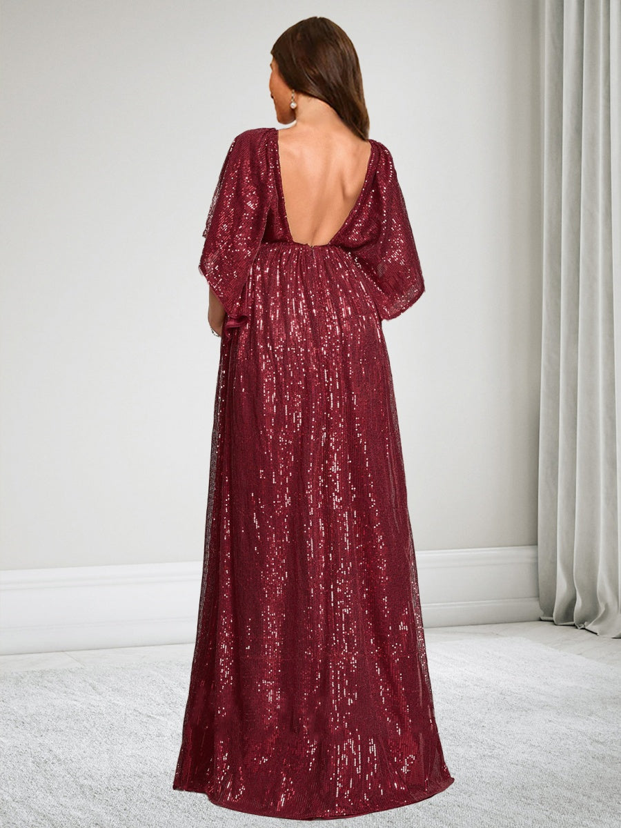 A-Line/Princess V-Neck Short Sleeves Sequin Floor-Length Maternity Wedding Guest Dresses with Side Slit