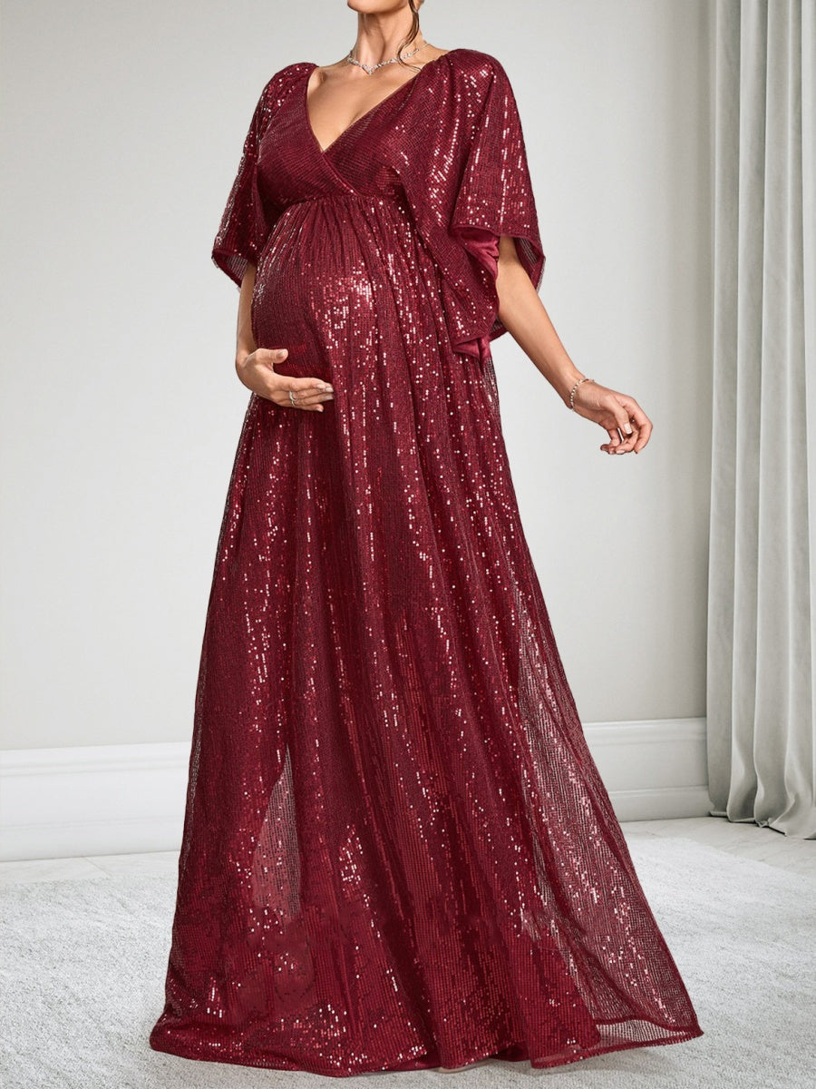 A-Line/Princess V-Neck Short Sleeves Sequin Floor-Length Maternity Wedding Guest Dresses with Side Slit