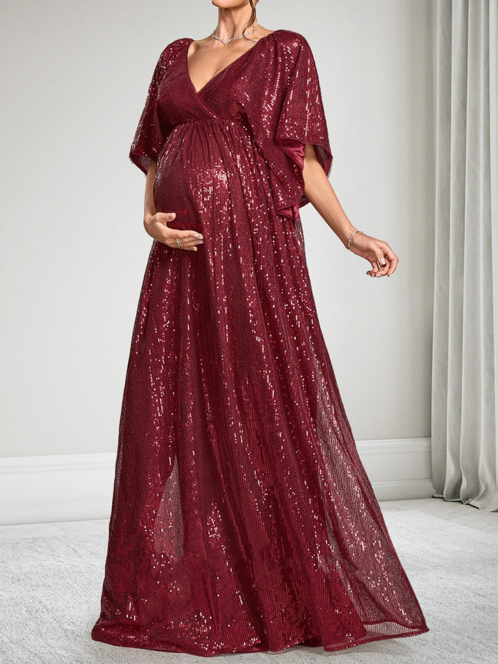 A-Line/Princess V-Neck Short Sleeves Sequin Floor-Length Maternity Wedding Guest Dresses with Side Slit
