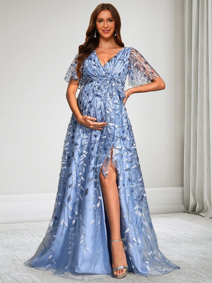 A-Line/Princess V-Neck Short Sleeves Lace Floor-Length Maternity Wedding Guest Dresses with Side Slit &amp; Sequins