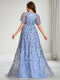 A-Line/Princess V-Neck Short Sleeves Lace Floor-Length Maternity Wedding Guest Dresses with Side Slit & Sequins