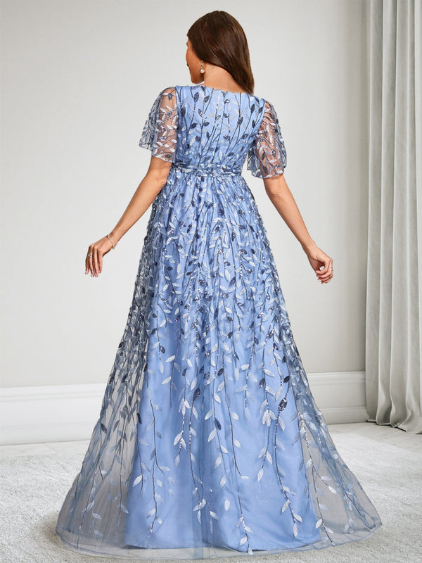 A-Line/Princess V-Neck Short Sleeves Lace Floor-Length Baby Shower Wedding Guest Dresses with Side Slit & Sequins