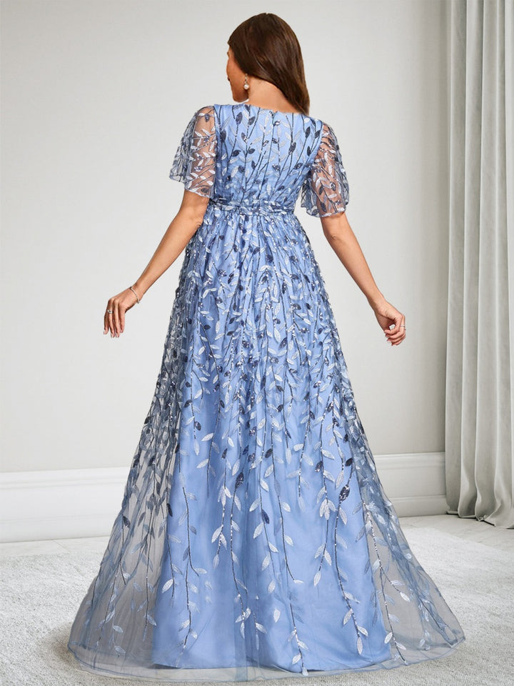 A-Line/Princess V-Neck Short Sleeves Lace Floor-Length Maternity Wedding Guest Dresses with Side Slit &amp; Sequins